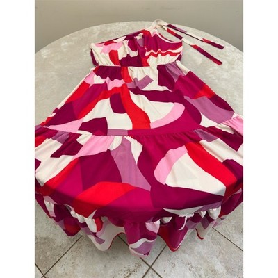 PRETTYGARDEN Maxi Dress Womens L Multicolor Abstract One Shoulder Tiered