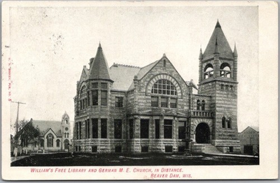#ad #ad 1907 BEAVER DAM Wisconsin Postcard quot;William#x27;s Free Library amp; German M.E. Churchquot; $6.07