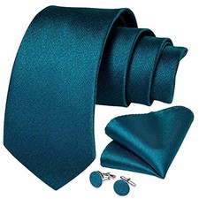 Mens Tie Set Silk Solid Paisley Necktie and Pocket Square Cufflinks 02 Teal