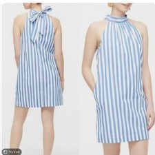 NEW J Crew Women Halter Bow Back Poplin Shift Dress Blue Stripe Beach Preppy 6