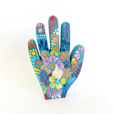 Healing Hand Wood Painted Turquoise Flowers Heart Milagro Mexican Folk Art 5H