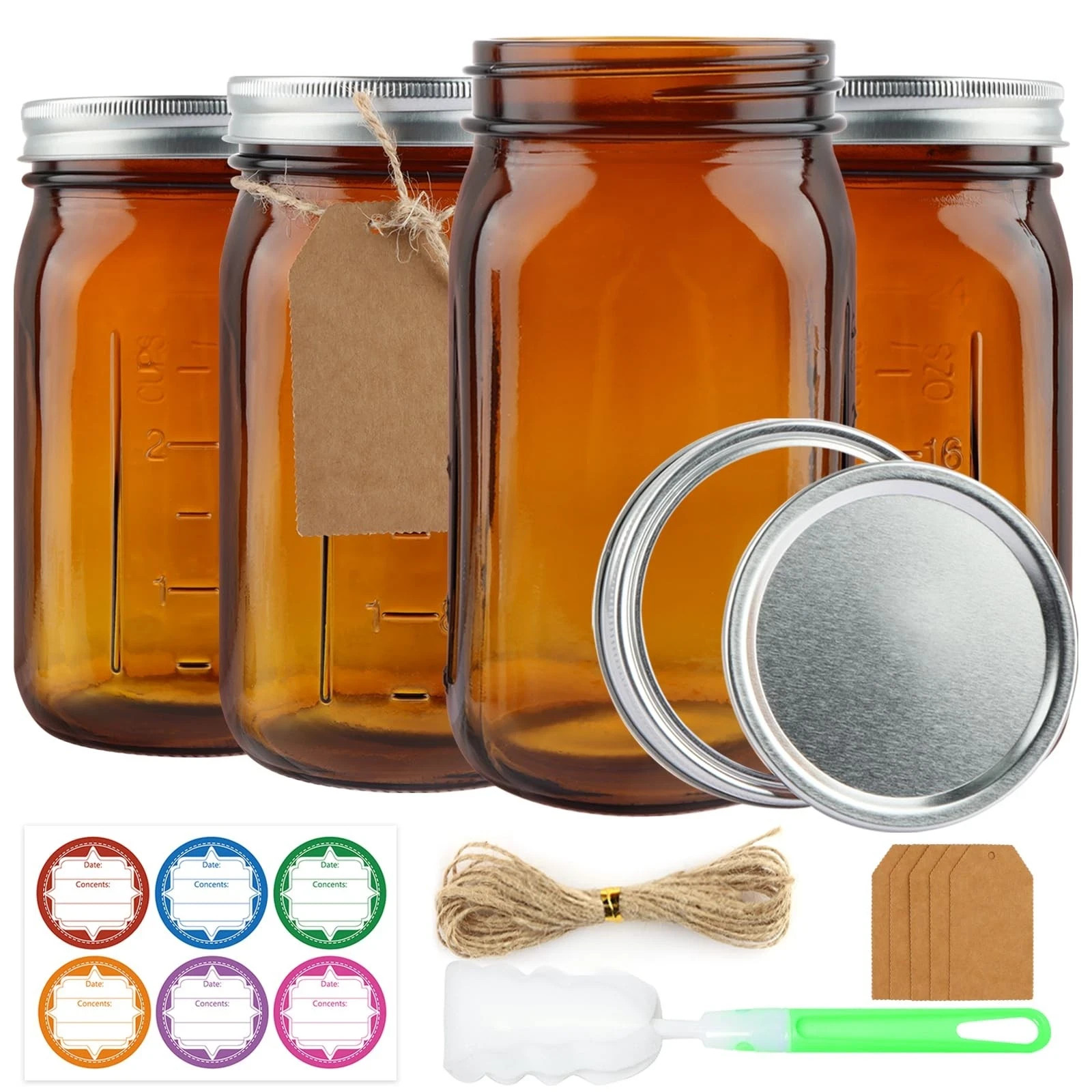 4 Pack Mason Jars 32 oz, Amber Wide Mouth Canning Jars with Airtight Lids, Gl...
