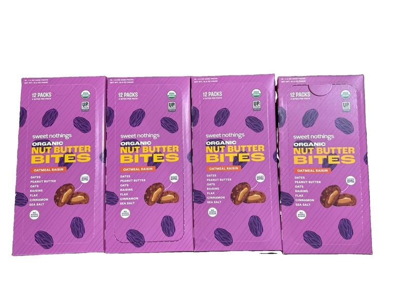 48 Packs Sweet Nothings Organic Nut Butter Bites OATMEAL RAISIN, 4g Protein 7/26
