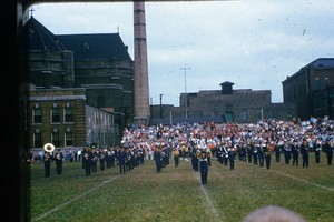 c1960's Kodachrome Red Border 35mm Slide, Marching Band Football Field Crowd