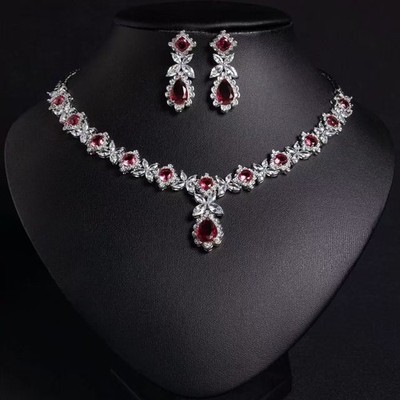 Vintage Ruby Red Crystal Necklace Earrings Set Silver Bridal Jewelry