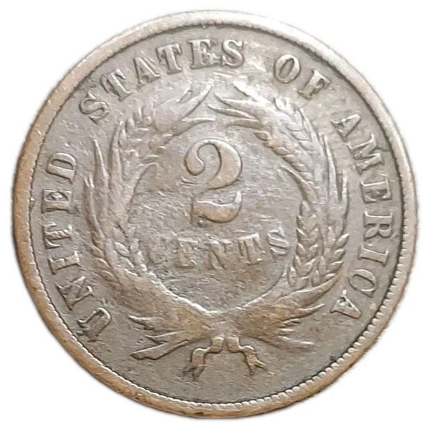 1868 US Two Cent 2c Piece 2 Cents Shield Motto Post Civil War Historical Coin - Image 2 of 4