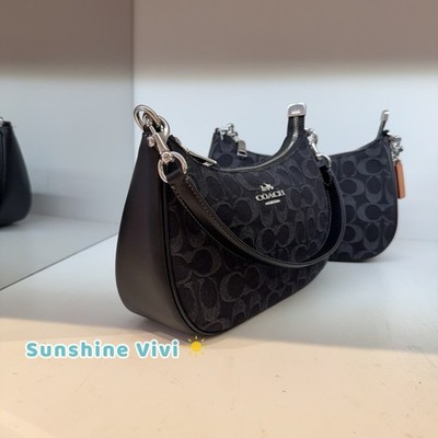 NWT Coach Teri Shoulder Bag In Signature Denim CDE43 Silver/Black