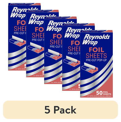 (5 pack)   Pre-Cut Pop-Up Aluminum Foil Sheets, 14 x 10.25 inches, 50 Sheets