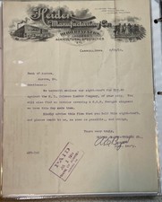 1914 Heider Co Billhead, Carroll Iowa, Banco de herramientas agrícolas efímero