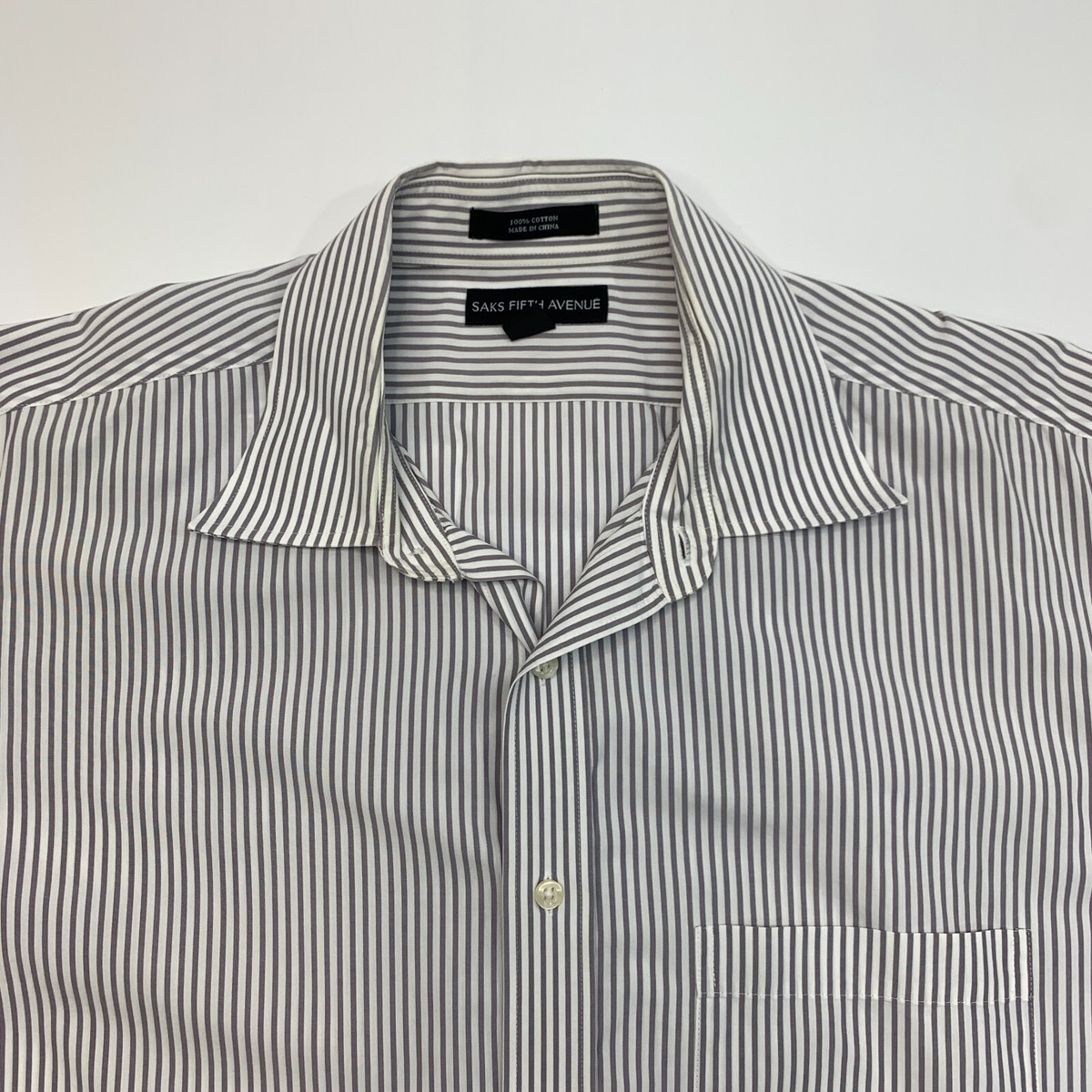 Saks Fifth Avenue Dress Shirt Mens 16 White/Gray Striped Cotton
