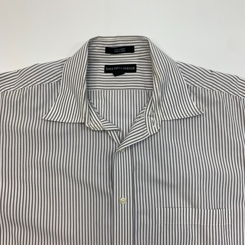 Saks Fifth Avenue Dress Shirt Mens 16 White/Gray Striped Cotton Collar Button Up - Picture 5 of 9