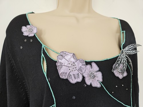 CHESCA Dragon Fly Floral Top UK 16 Applique Embroidered Long Sleeve Jumper Black - Picture 8 of 18