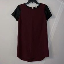 Maroon burgundy black leather sleeves T-shirt slip dress Windsor small #1588