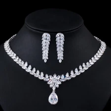 Luxury Bridal Wedding Costume Jewelry CZ Big Leaf Tear Drop Necklace Earring Set