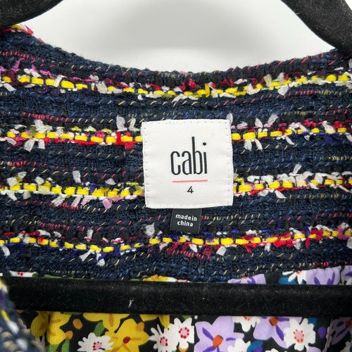 CABI Navy Blue Yellow Colorful Floral Print Tweed Striped Button Up Coat Size 4 - Picture 7 of 9