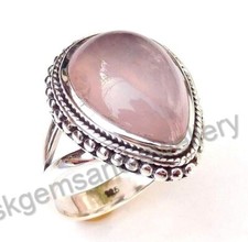 Natural Rose Quartz Pear 925 Sterling Silver Gemstone Boho Ring For Her