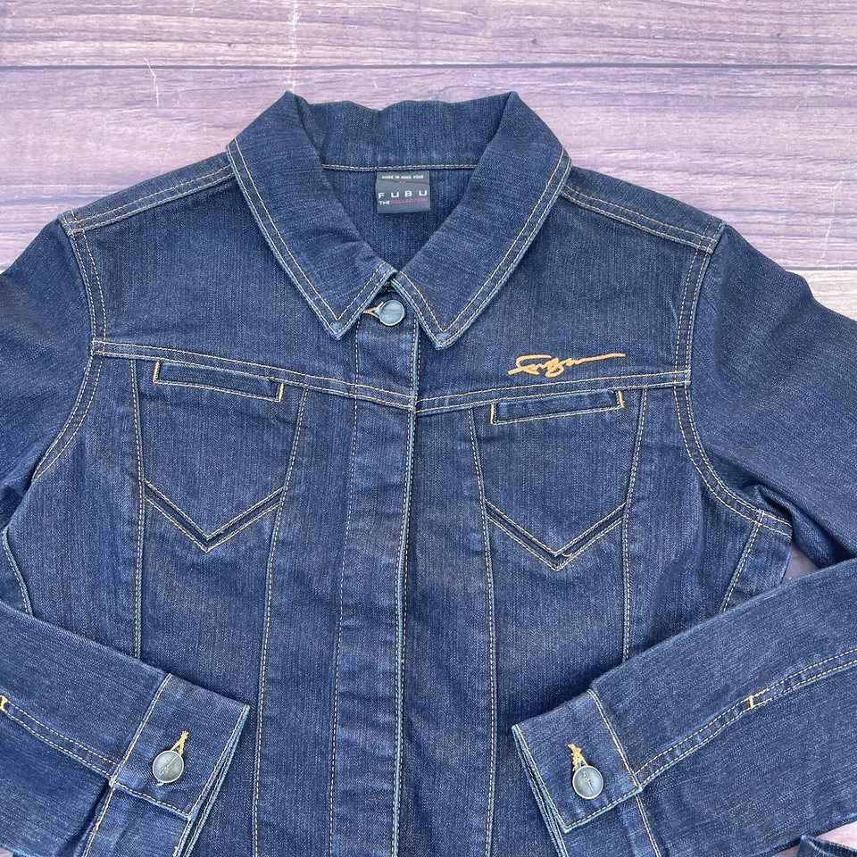 Conjunto de traje vaquero vintage años 90 Fubu para mujer azul oscuro chaqueta Y2K pantalones M talla 9/10 Foto 2 de 4