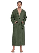 Mens Fleece Robe Hooded Plush Full Length Plush Bathrobe Warm House Robe