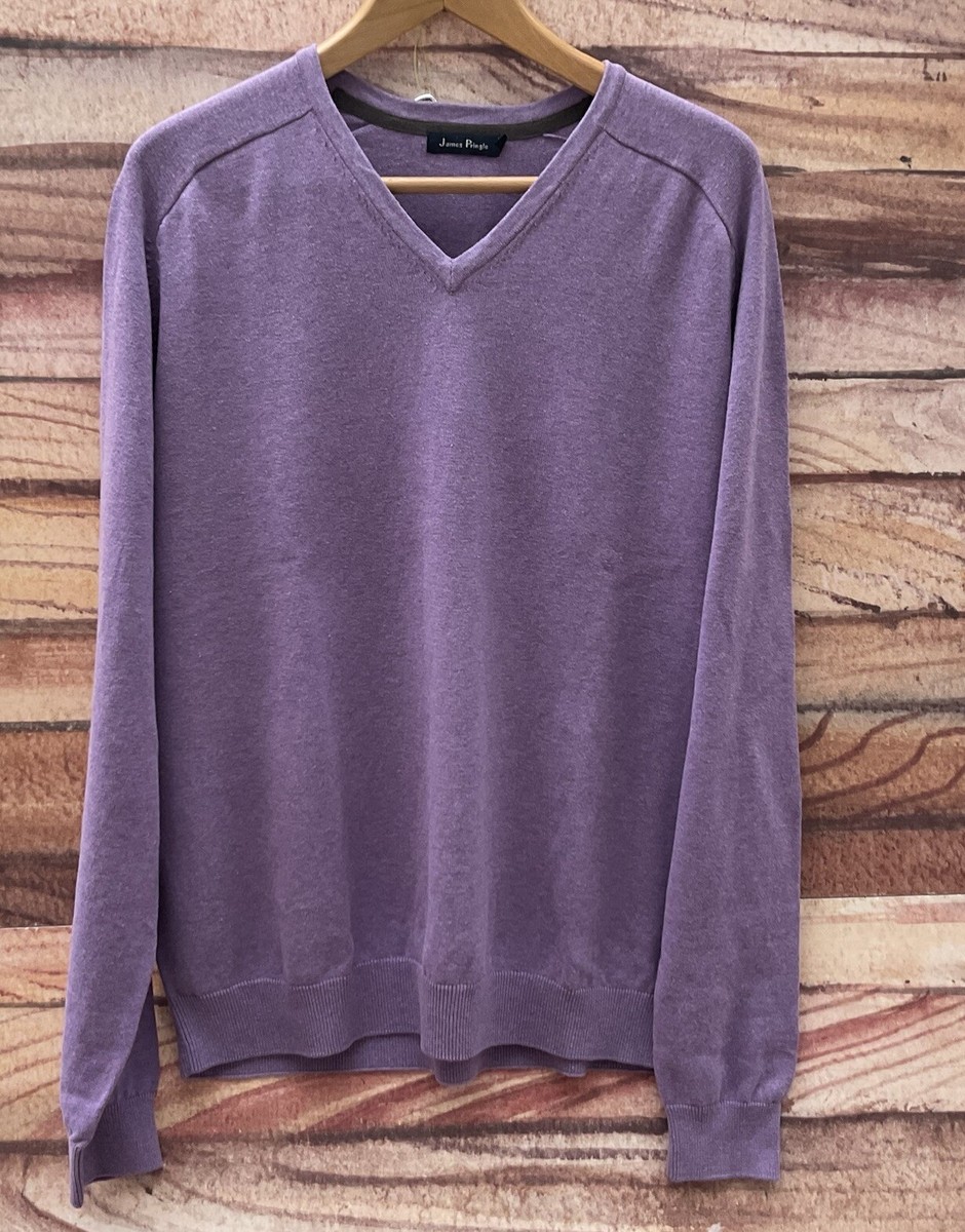 James Pringle V Neck Sweater Purple 100% Cotton Knit Pullover