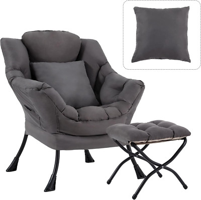 Cozy Dark Grey Lounge Chair with Ottoman & Pillow for Living Room or Bedroom