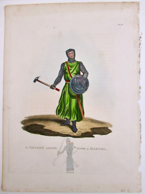 A KNIGHT ARMED MARTEL ANCIENT ARMOUR 1824 HAND COLORED ENGRAVING MEYRICK 1ST ED.