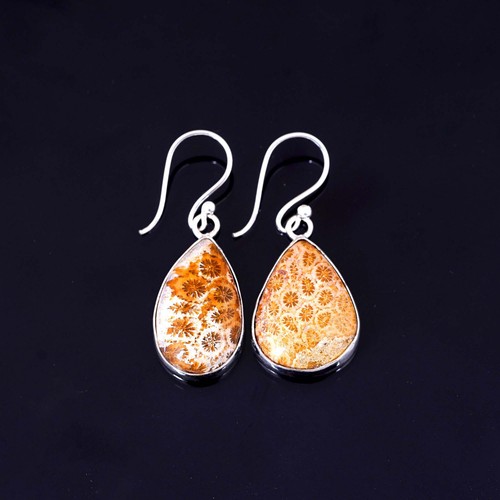 Coral Fossil Gemstone Handmade 925 Sterling Silver Jewelry Earring For Women - Picture 2 of 3