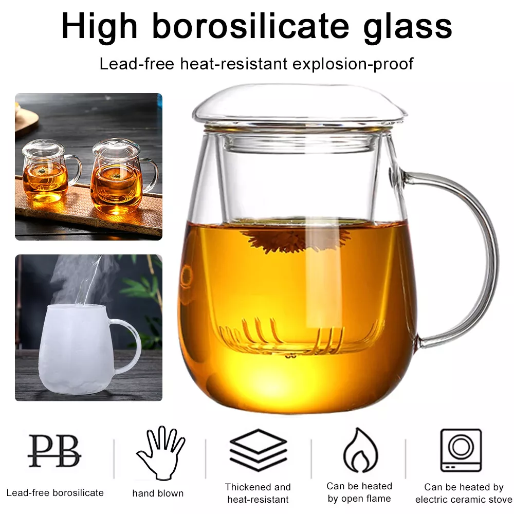 Coffee Tea Mug With Infuser Filter And Lid Transparent Water Clear Glass  Cup Set