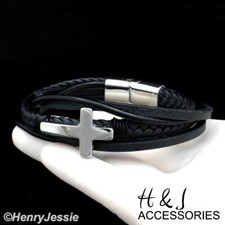 8.5"MEN Stainless Steel Black Braided Link Leather Silver Cross Bracelet ASB109