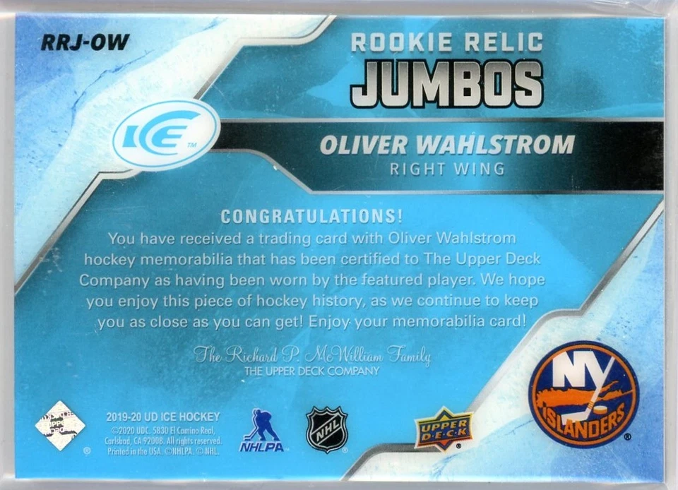 2019-20 Upper Deck Ice Rookie Relic Jumbos #OW Oliver Wahlstrom RC JERSEY /199 - Image 2 of 2