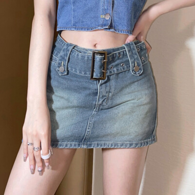 Women Low Waist Denim Skirt Buckle Belt Mini Skirt Summer Casual Short  Skirt
