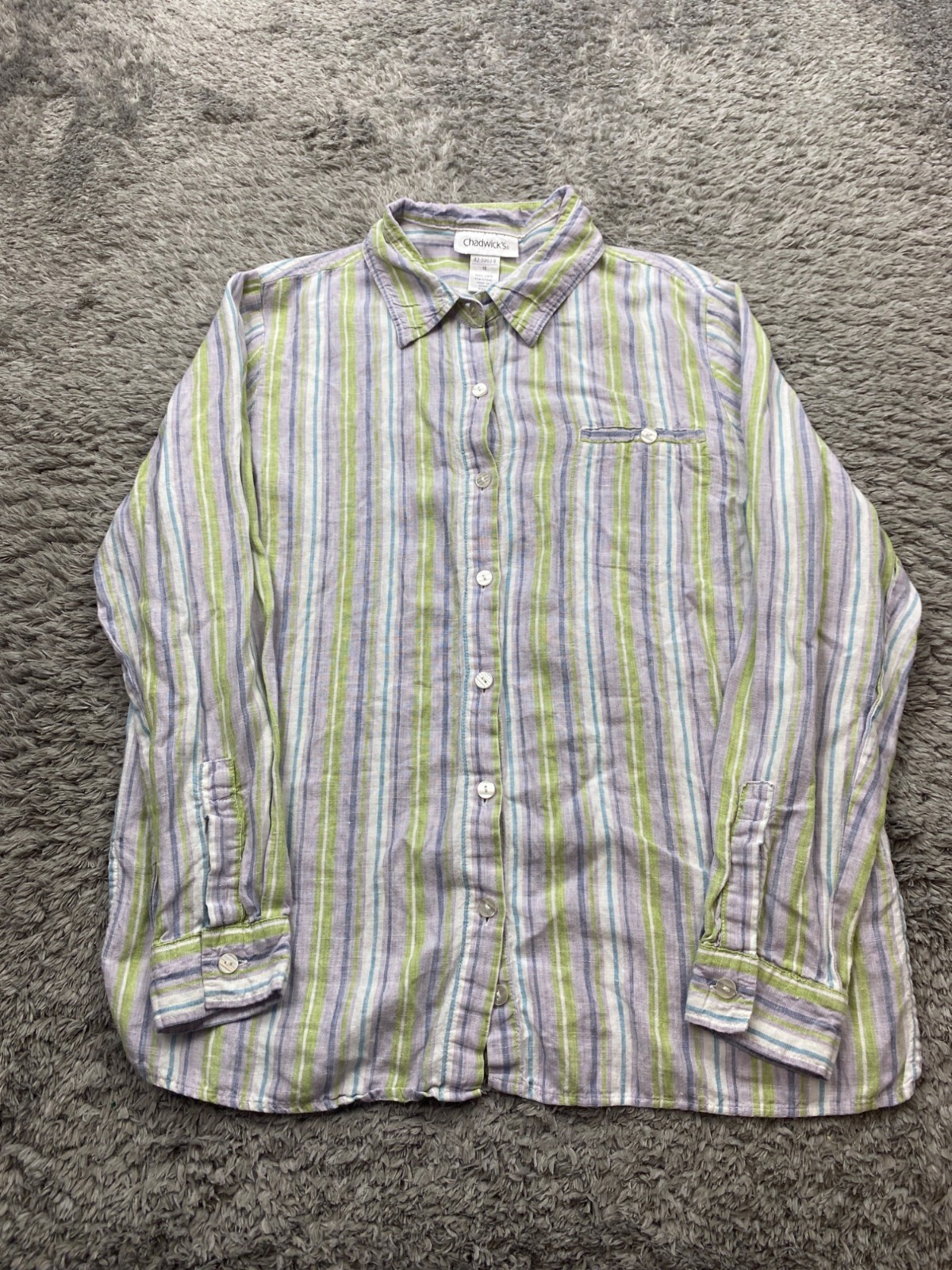 Chadwicks Top Womens 14 Lavender Purple Stripe Linen Long Sleeve Button Up Shirt