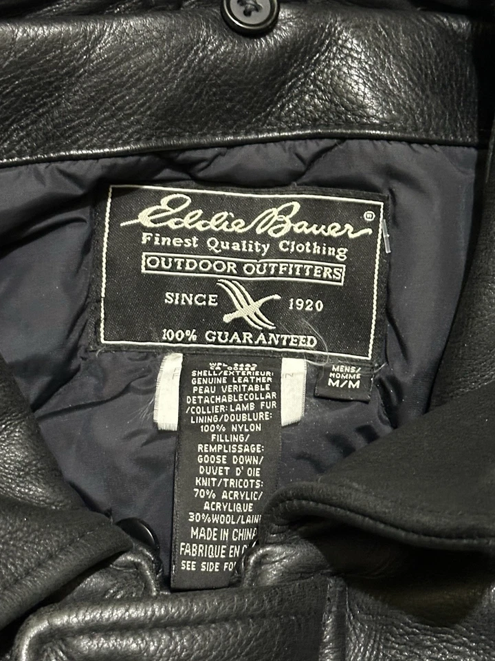 Chaqueta de Cuero Vintage EDDIE BAUER GOOSE DOWN Negra Mediana Aviador Motociclista Foto 3 de 4