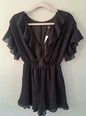 Forever 21 Womens Romper Short Black Ruffles Short Sleeve Chiffon Size Small 