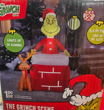 Gemmy 5.5ft Tall Grinch Out Of Chimney w/ Max Scene Christmas Inflatable