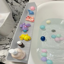 31.5" Bathtub Splash Guard for Toddlers- Silicone Play Shelf Storage Tray...