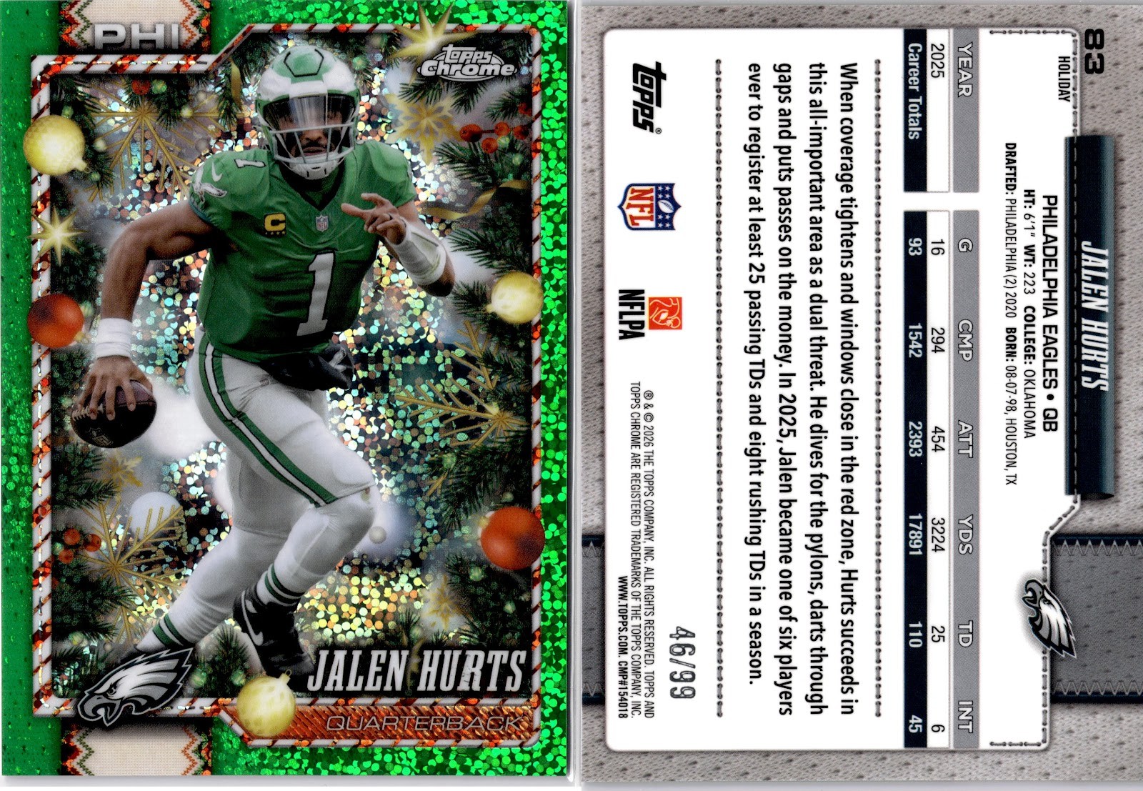 2026 Topps Holiday Football #83 Jalen Hurts Chrome Green Sparkle 46/99 Eagles