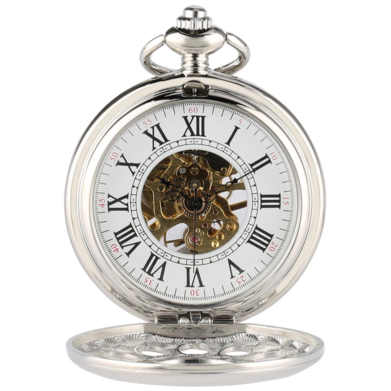 Silver Pocket Watch With Chain Portable Hand-winding Mechanical Movemnt uu