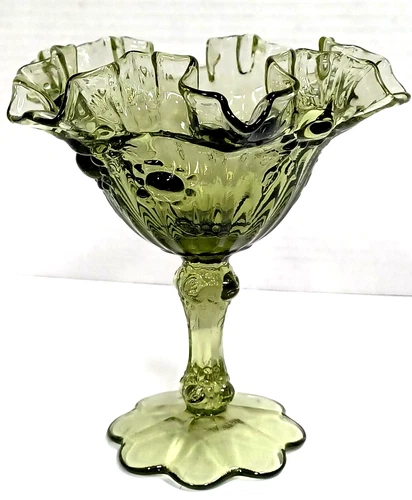 Fenton Green Glass Compote Bowl Ruffled  Art Decor Cabbage Rose Footed Vintage