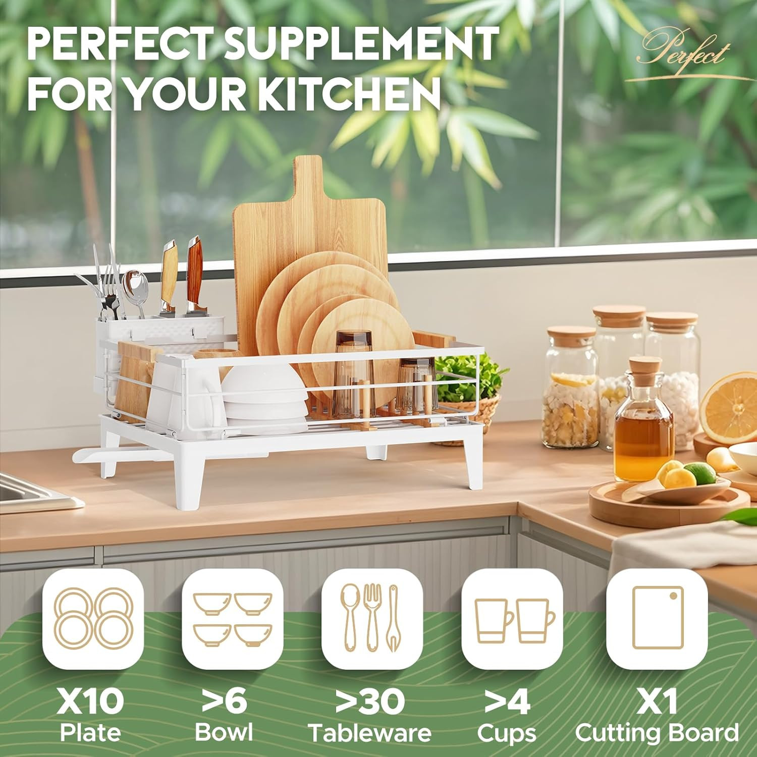 JYPS Dish Drying Rack for Kitchen Counter Decor with Drainboard White 