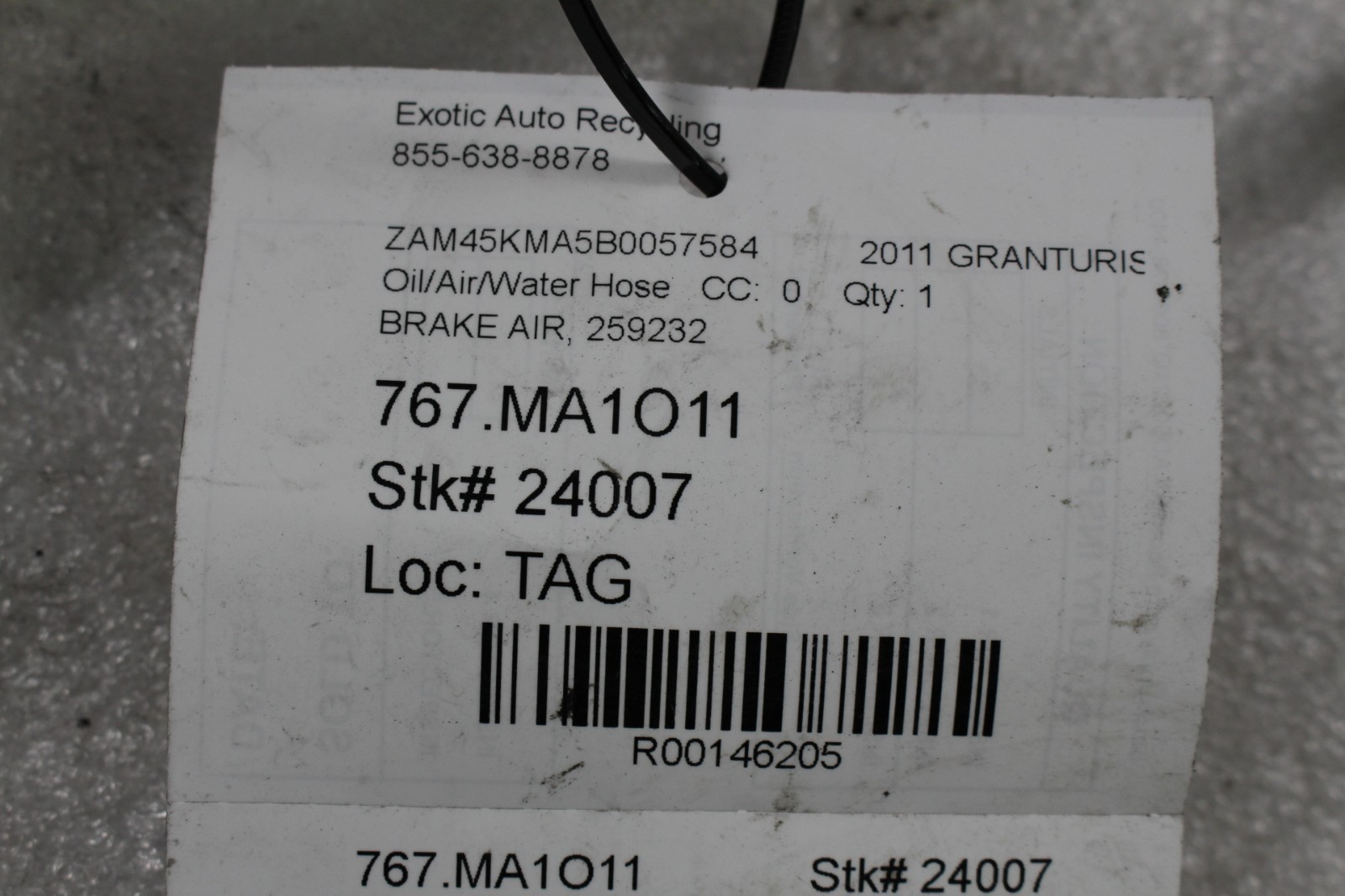 Maserati Granturismo, Brake Booster Air Hose, Used, P/N 259232