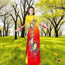 Ao Dai Vietnamese, High Quality Silk Designer Long Dress With Pants. Size L