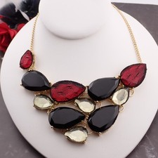 Thalia Sodi Red Black Crystal Black Lace Overlay Bib Statement 18 3/4" Necklace