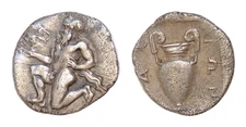 Islands off Thrace. Thasos 450-425 BC. Obol AR 11mm., 1g. Satyr kneeling left,