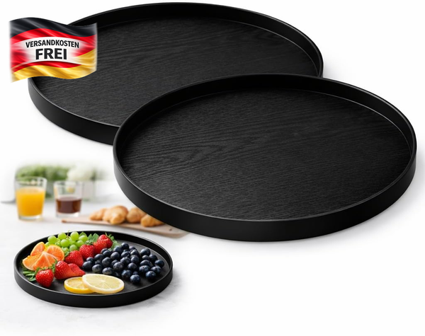 2 StüCk Deko Tablett Rund 30Cm, GroßEs Dekotablett Schwarz Mit Anti-Rutsch Pads,-image