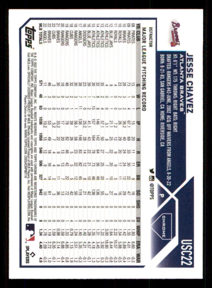 2023 Topps Chrome Update Refractors #USC22 Jesse Chavez - Image 2 of 2