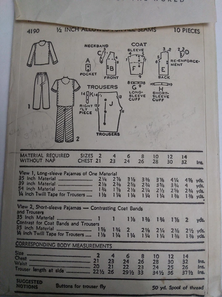 Conjunto de pijama para dormir camisa pantalones niños 14 avance 4190 patrón de costura de colección corte años 40 Foto 3 de 4
