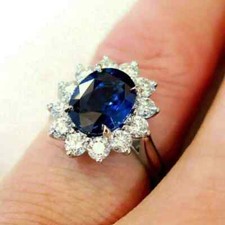 2Ct Oval Blue Sapphire Lab Created Halo Engagement Ring 14K White Gold Plated