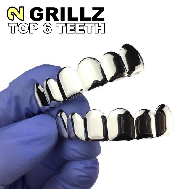 TWO Top Teeth Grillz Silver Tone 6 Tooth Six Teeth PreMade Hip Hop