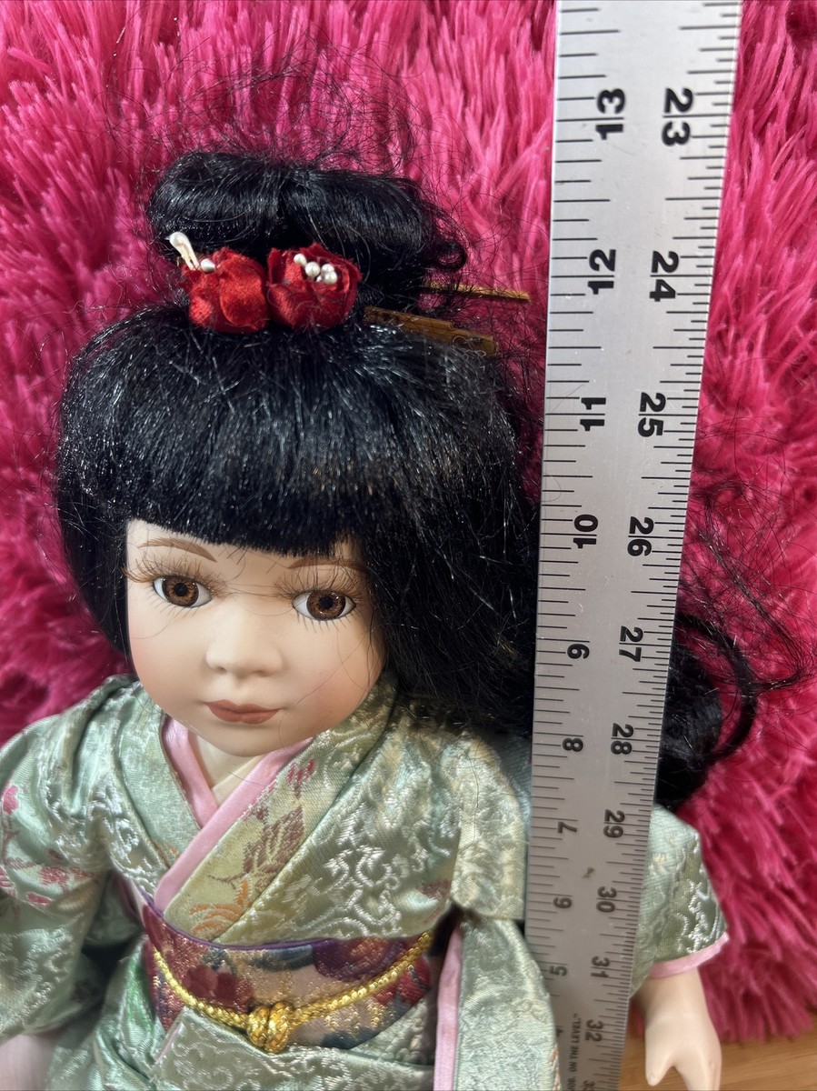 Vintage Porcelain Japanese Kneeling Baby Doll Girl 12” Green robe