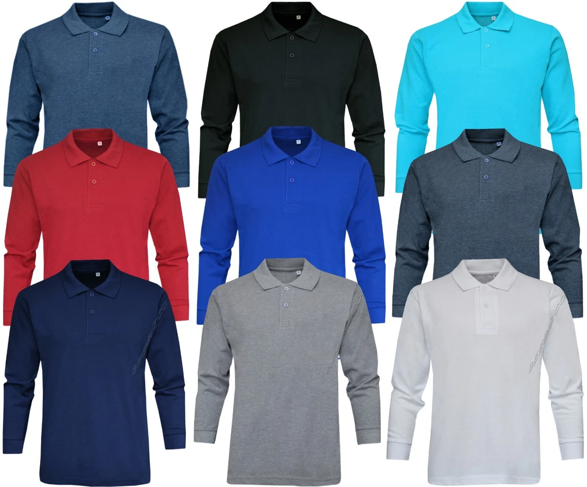 Long Sleeve Polo Shirt Plain 2 Button Collared Top Pique Cotton Mix Casual  Wear